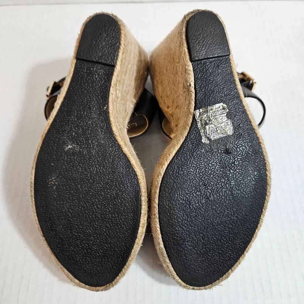 Allegra K Black Strappy Platform Jute Wedge Espadrille Sandals‎ Size 6.5